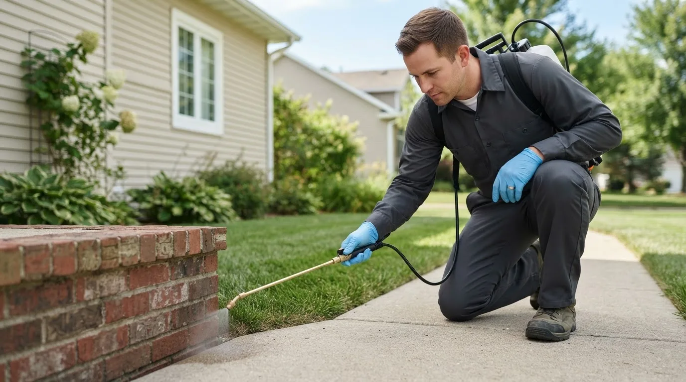 Pest control technician treating a home near Silvis, IL